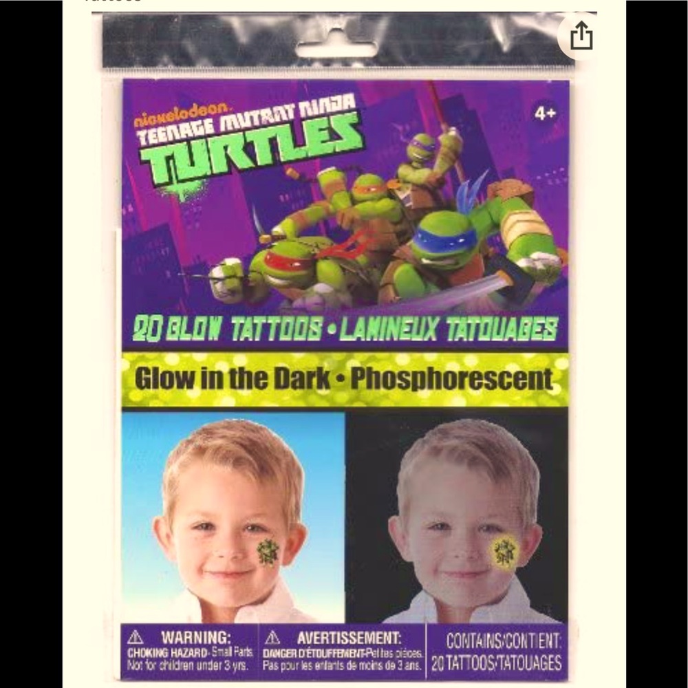 2 NEW sets of Nickelodeon Teenage Mutant Ninja Turtles Tattoos • Glow in Dark
